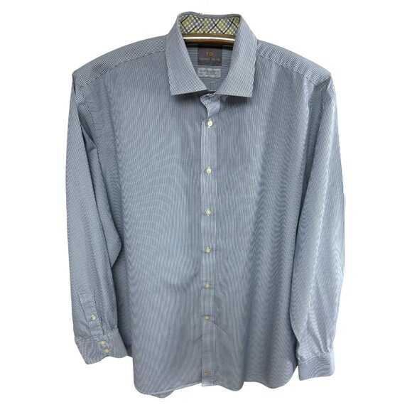 Thomas Dean Blue White Thin Stripe Pima Cotton‎ Flip Cuff LS Shirt - Picture 4 of 9